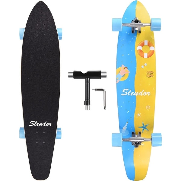 slide 2 of 8, 42 in. Beach Swimming Longboard Skateboard Drop Through Deck Complete Maple Cruiser Freestyle, Camber Concave Blue