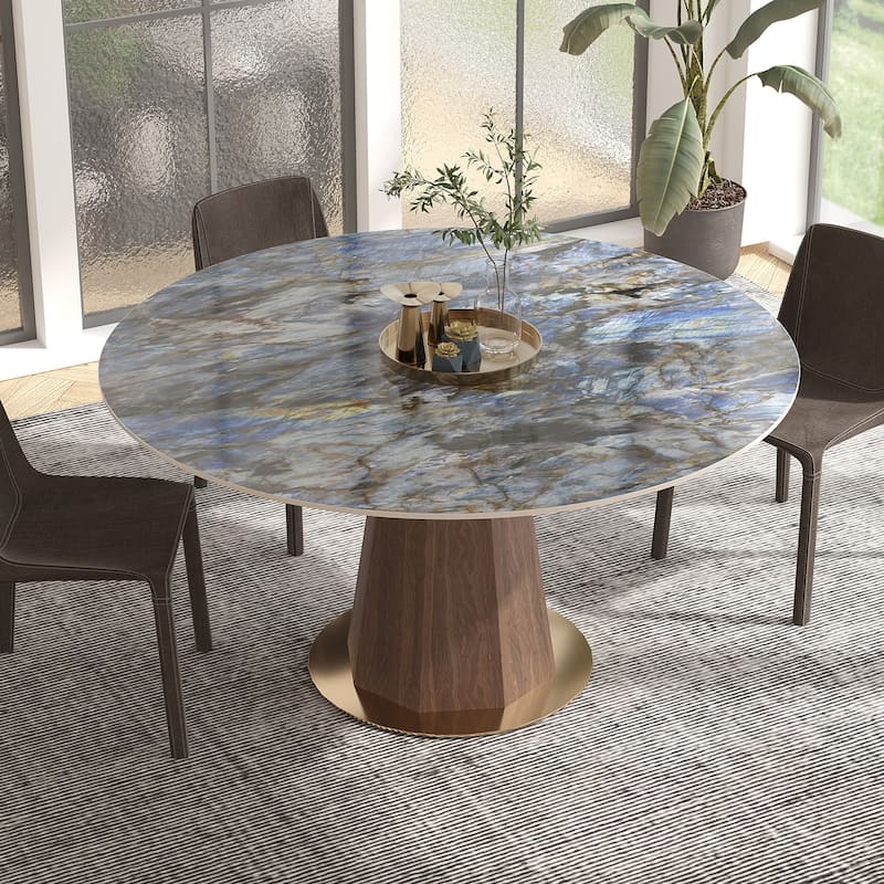 Modern Style Round Stone Table Top Walnut Pedestal Dining Table