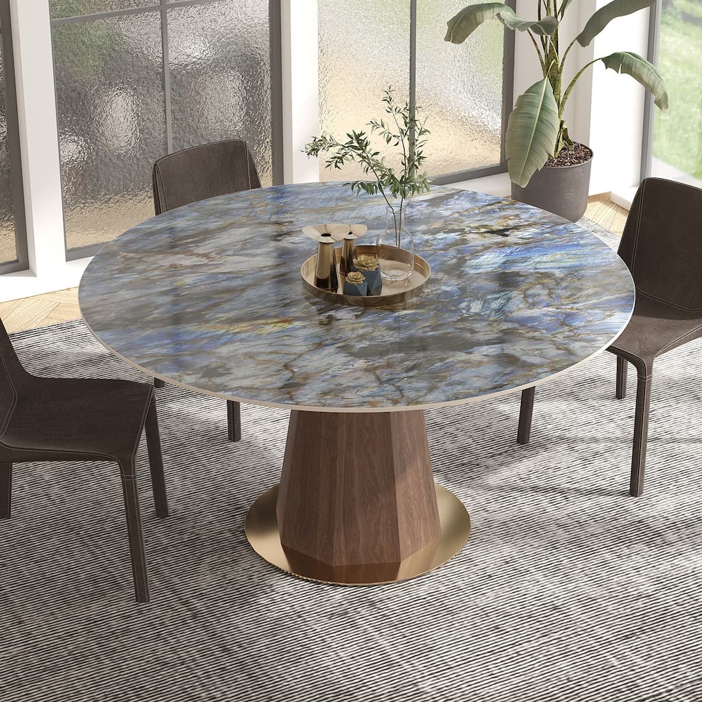 Modern Style Round Stone Table Top Walnut Pedestal Dining Table