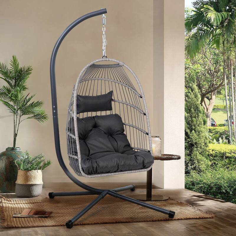 HDPE Egg Hanging Chair with Stand & Cushion - Black+ Gray