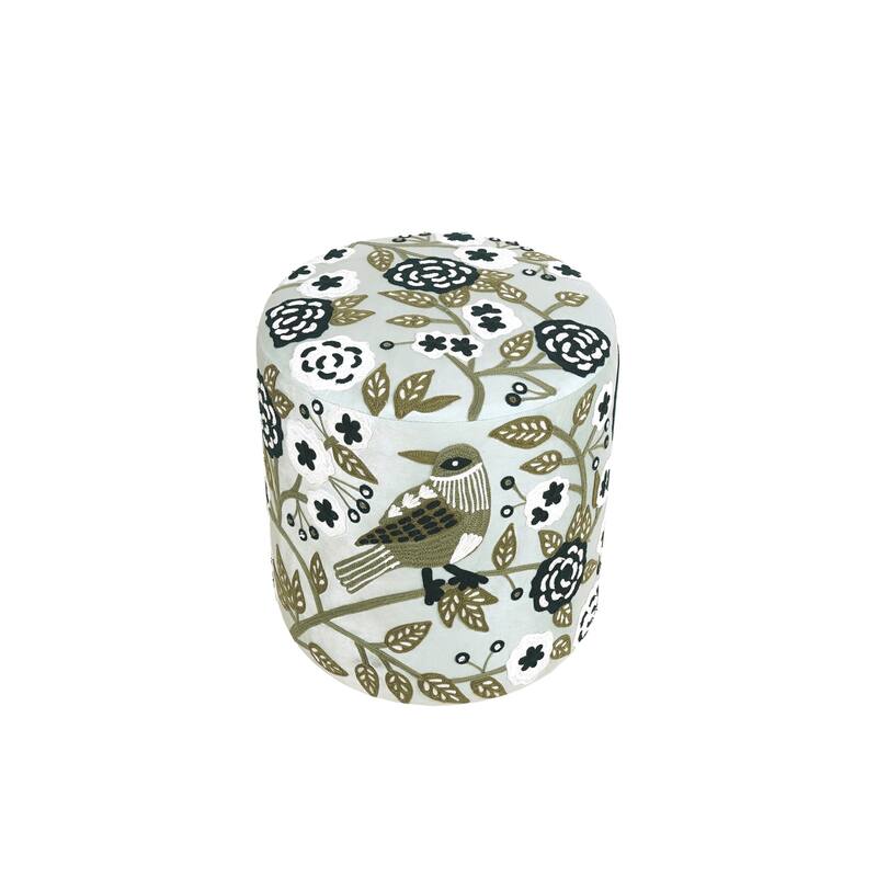 Nico Embroidered Velvet Round Ottoman, 17"D x 17"W x 18"H by Sevita