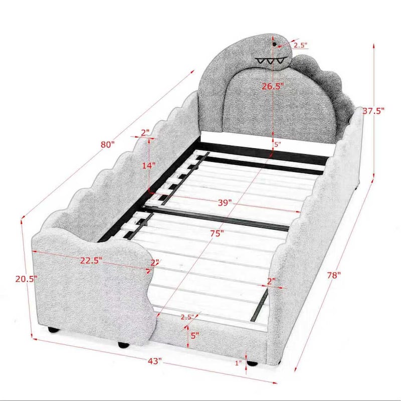 Twin Dinosaur-Shaped Kids Bed with Safety Guardrail - Solid Wood Toddler Bed Frame in Boucle Fabric