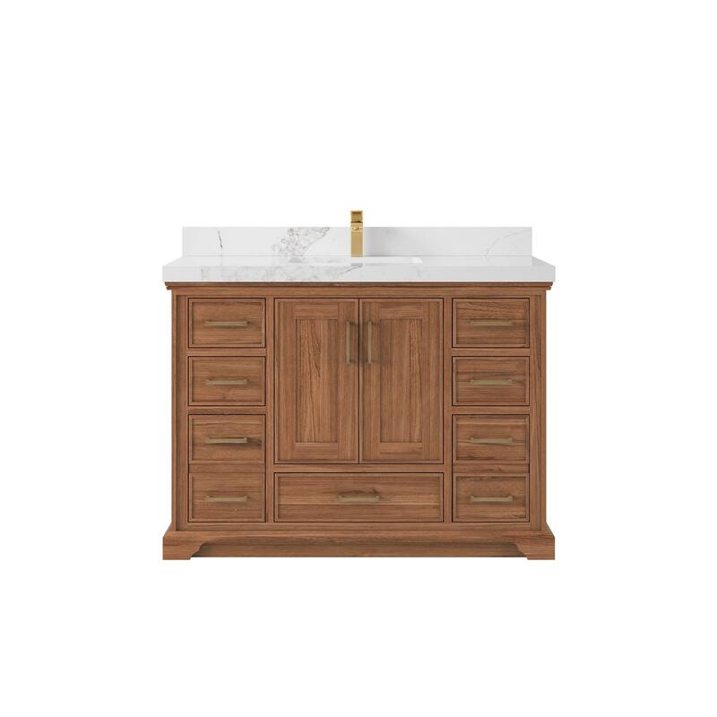 Willow Collections 48 in. W x 22 in. D Charlotte Teak Single Sink Bathroom Solid Teak Vanity with Countertop - 2”Calacatta Nuvo - Dark Natural
