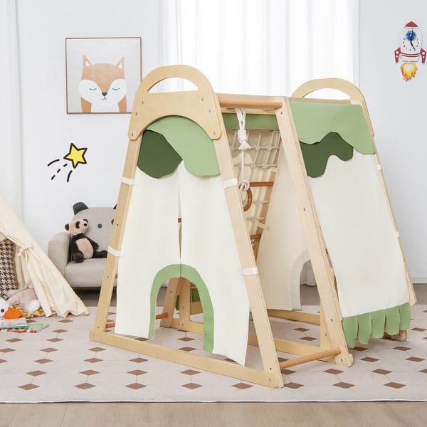 slide 2 of 8, 6-in-1 Wooden Kids Jungle Gym Playset with Slide Climbing Net Perfect Gift for Kids - 45.5" x 42.5" x 50" Kids