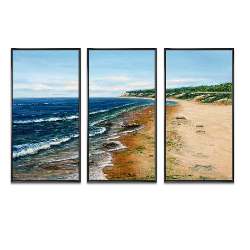 Designart "Calm Sky Over Seashore" Sea & Shore Framed Wall Art Set of 3