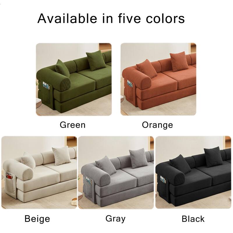 107" Orange Corduroy Modular Sectional Sofa Bed, 7-in-1, No Assembly