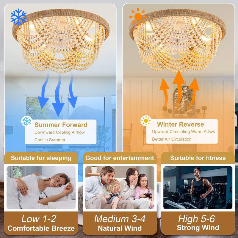 Cusp Barn 20" Boho Caged Ceiling Fan with Light and Remote, Flush Mount Low Profile Fandelier, Famhouse Wood Beaded Ceiling Fan