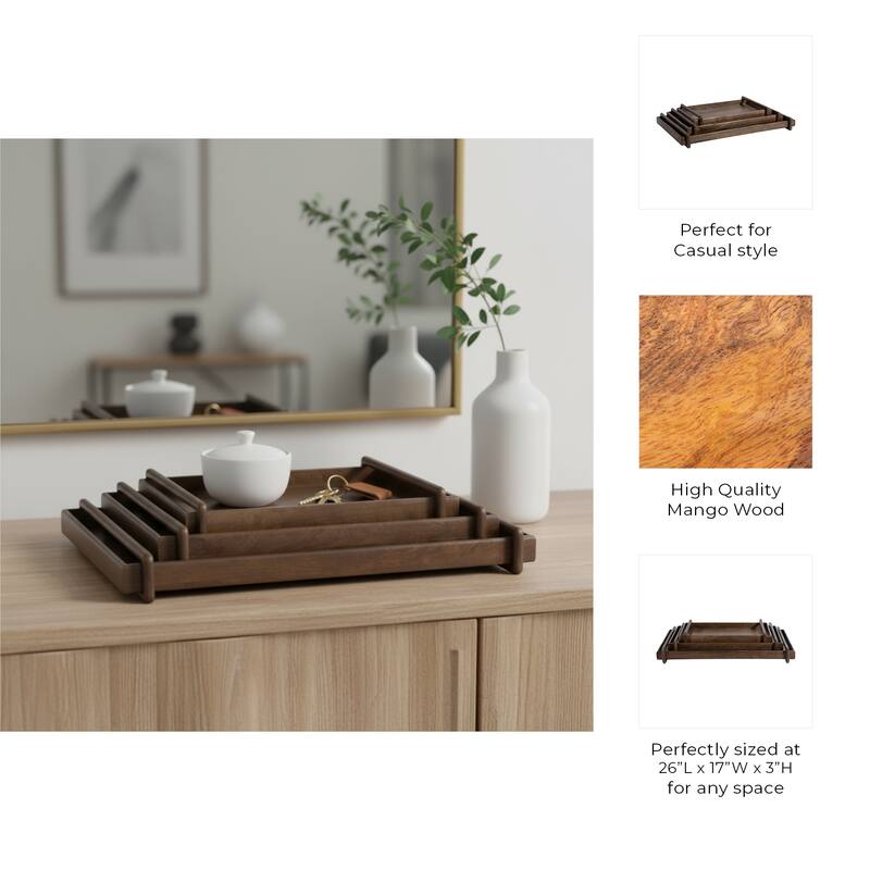 Wooden Decorative Tray with Side Handles - Set of 3 - Brown, 18"-22" - 26.0"