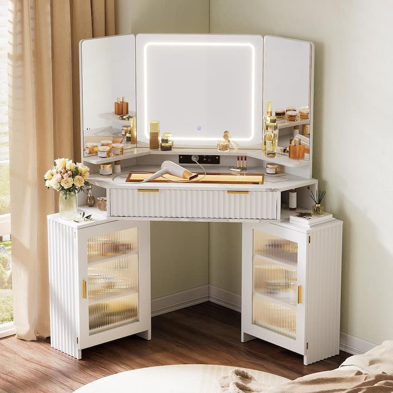 Corner Vanity Desk with 3 Way Mirror and Lights