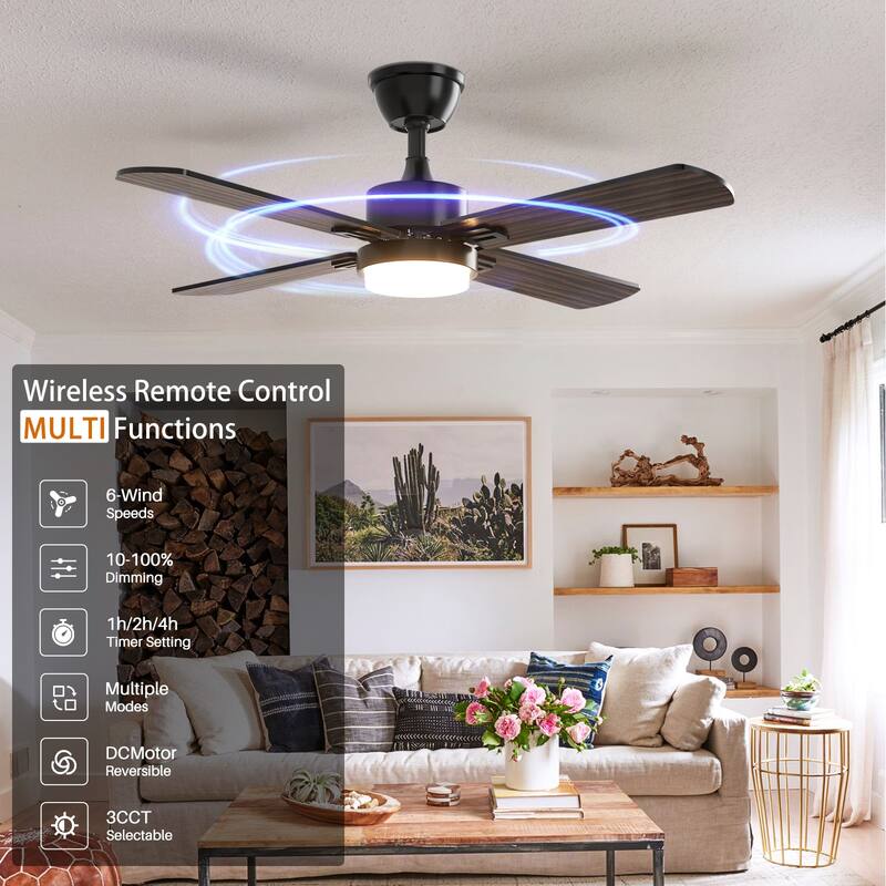 Modern Farmhouse Large Ceiling Fan with Integrated Light and Remote, Ceiling Fan with Timer and 6-speed Wind