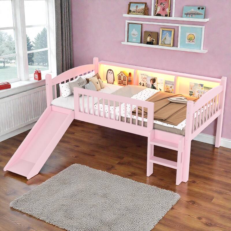 Twin XL/Twin Wood Loft Bed with Storage Shelves, LED Lights, Full-Length Guardrails & Solid Wood Frame, No Box Spring Needed