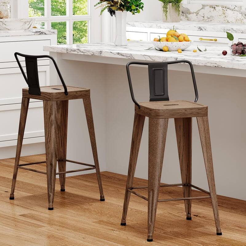 Metal Counter & Bar Stools Set of 4, 26" and 30" Seat Height Barstools with Metal Frame and Low Back for Kitchen lsland - Walnut - Bar Height - Set of 2