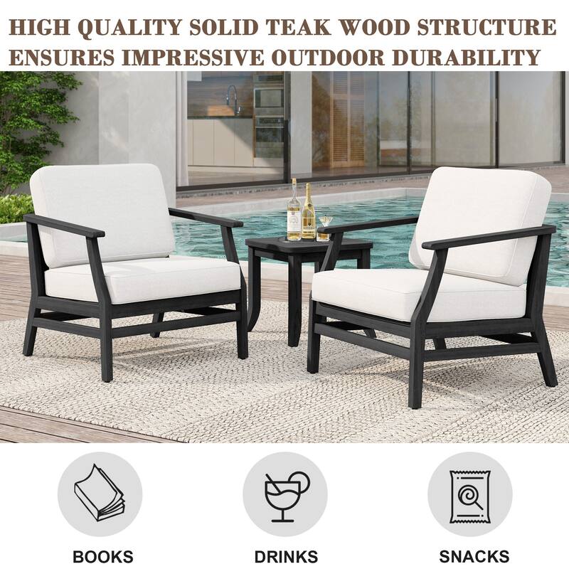 2 Set Patio Teak Wood Outdoor Chair and Side Table Set with Cushions