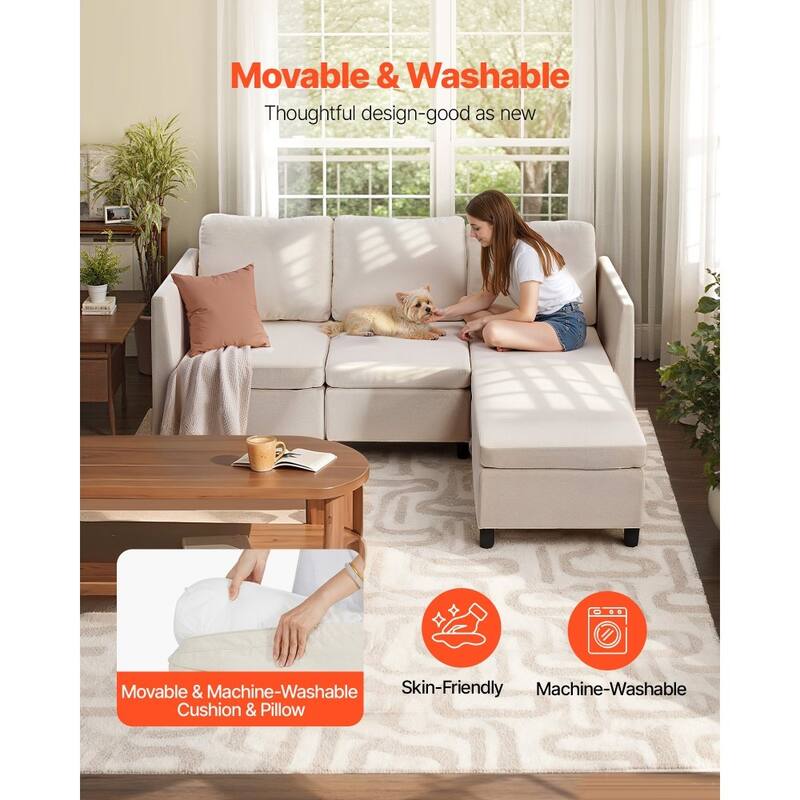 Beige Cotton-Linen Modular Sectional Sofa with Storage, Plush Cushions anda Kid-Friendly Design - 78.3 x 24 x 24 in