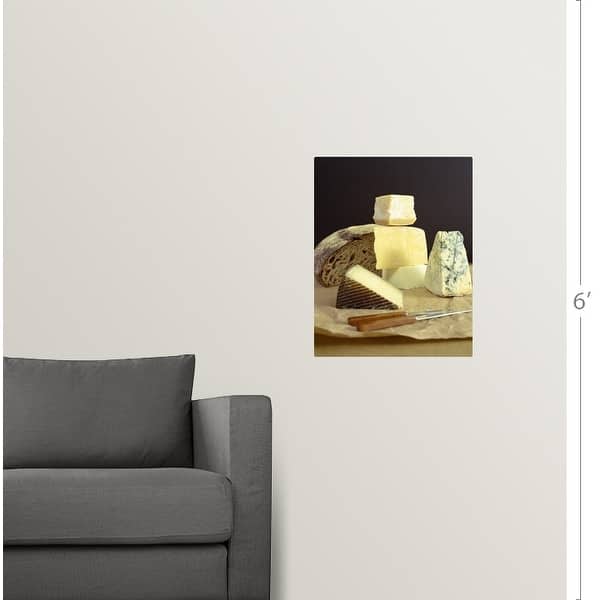 "Cheeses and bread on block with knives" Poster Print Multi Bed