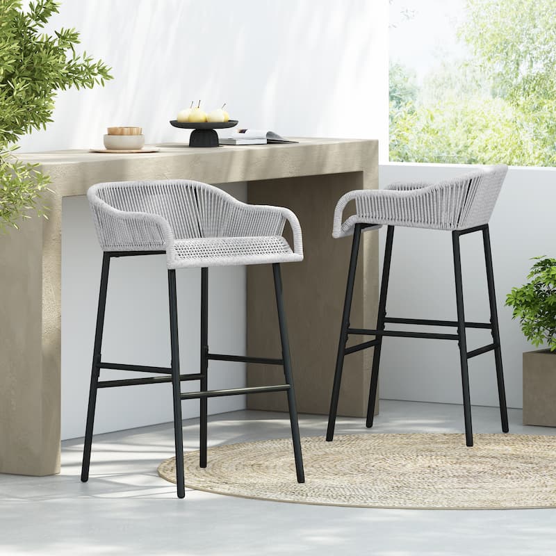Neri Iron Outdoor Patio Rope Weave Barstools (Set of 2) by Christopher Knight Home - Light Gray