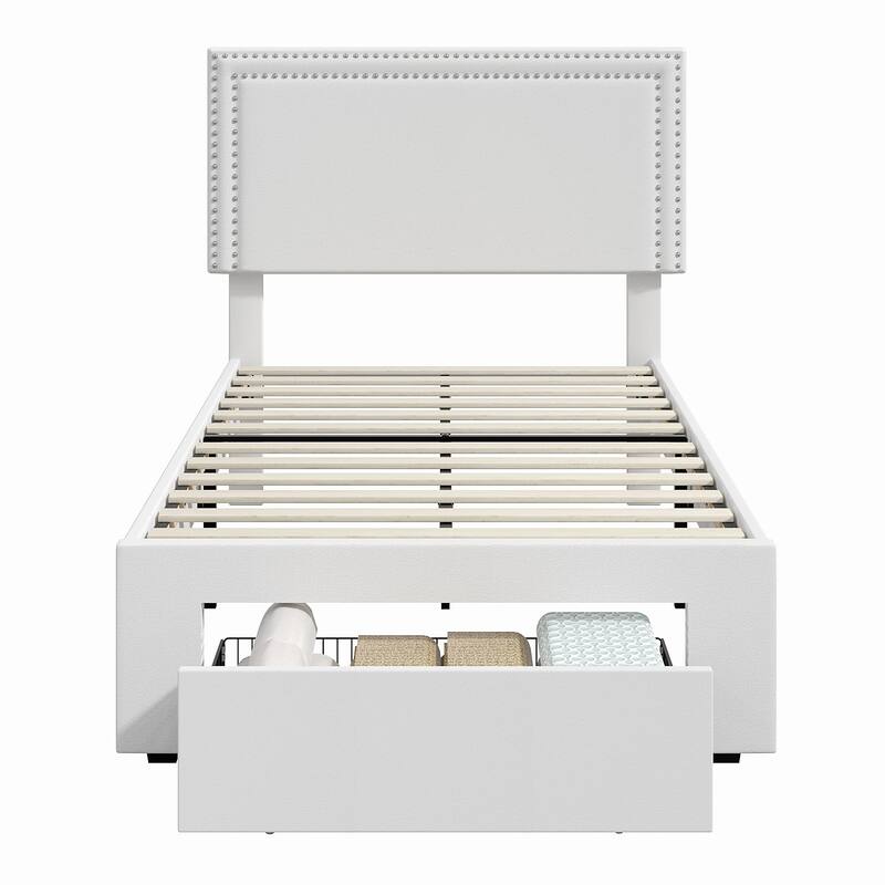 VECELO Upholstered Storage Bed Frames with 4 Storage Drawers, Platform Bed Frame with Adjustable Velvet Rivets Headboard