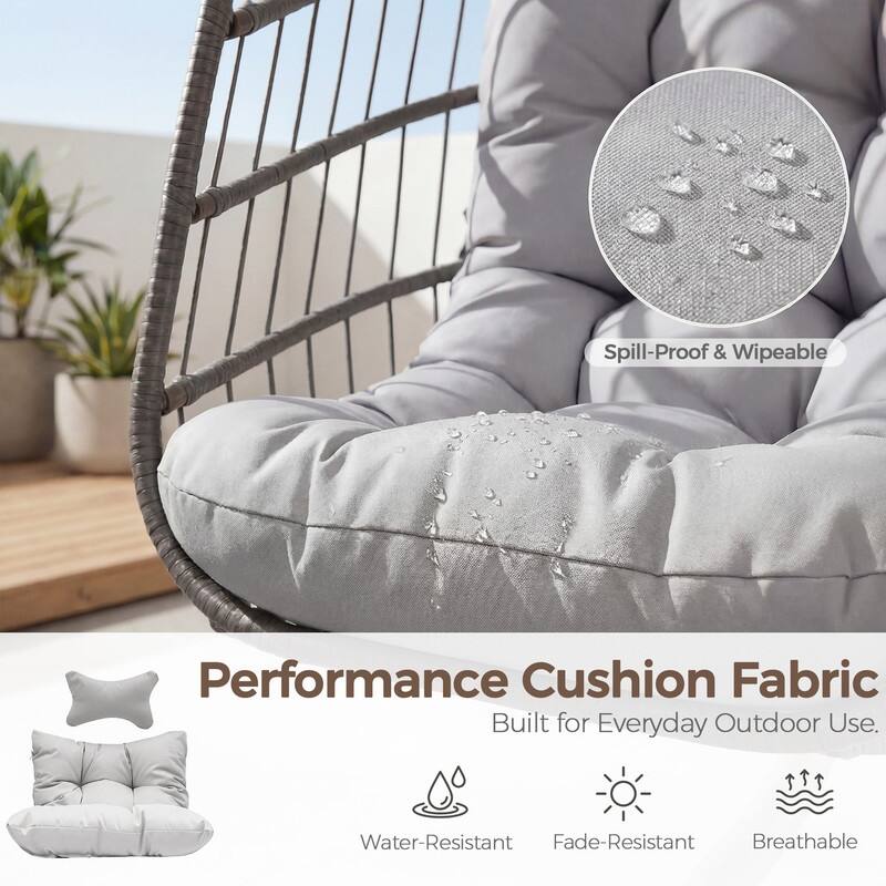 Oversized Wicker Hanging Egg Chair with Stand, Outdoor Indoor Swing Chair with Cushion, 350 lb Capacity