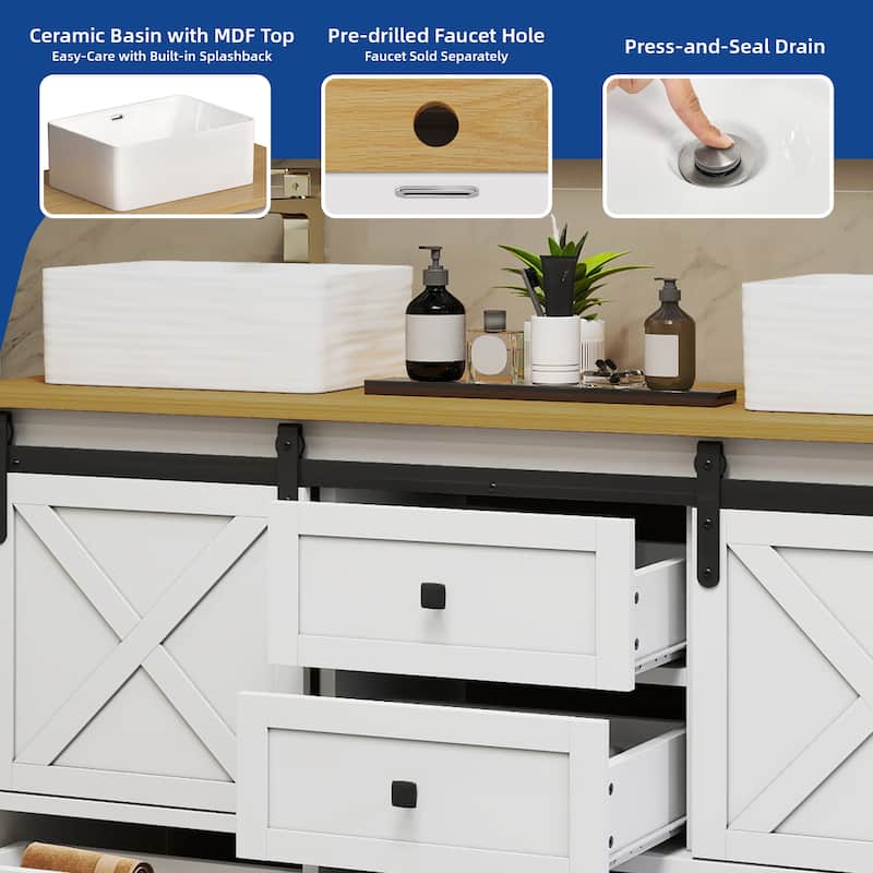 Moasis 60" Farmhouse Double Sink Bathroom Vanity Cabinet with Ceramic Sink Basin and Sliding-Door Cabinet & 5 Drawers
