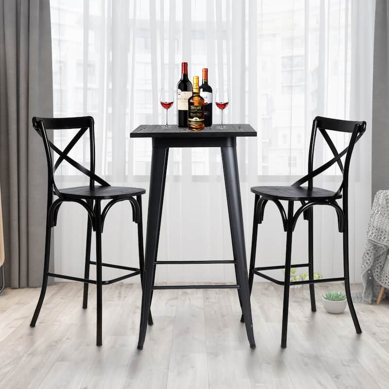 Carbon Loft Greenwood Industrial Metal Pub/Bar Table With Elm Top - Black Pub Set