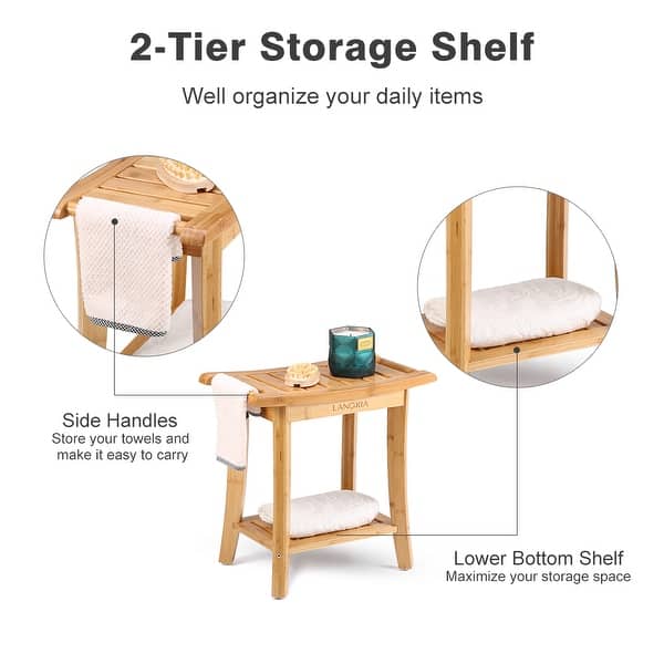 Langria Bamboo Shower Bench With Storage Shelf Rubber Feet Hanging Rods Bathroom Furniture Overstock 30686706