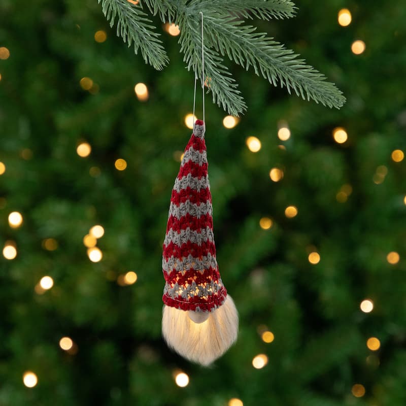 8" Lighted Knit Gnome Head Christmas Ornament - Red