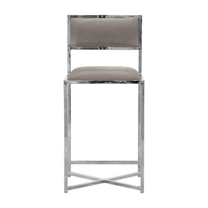 Eun 26 Inch Vegan Faux Leather Counter Stool, Chrome Base, Set of 2, Gray