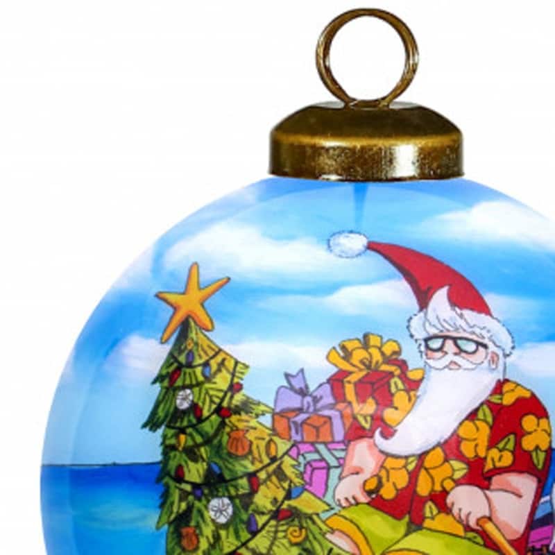 Rowing Santa Express Hand Painted Mouth Blown Glass Ornament - 3" x 3" x 3"