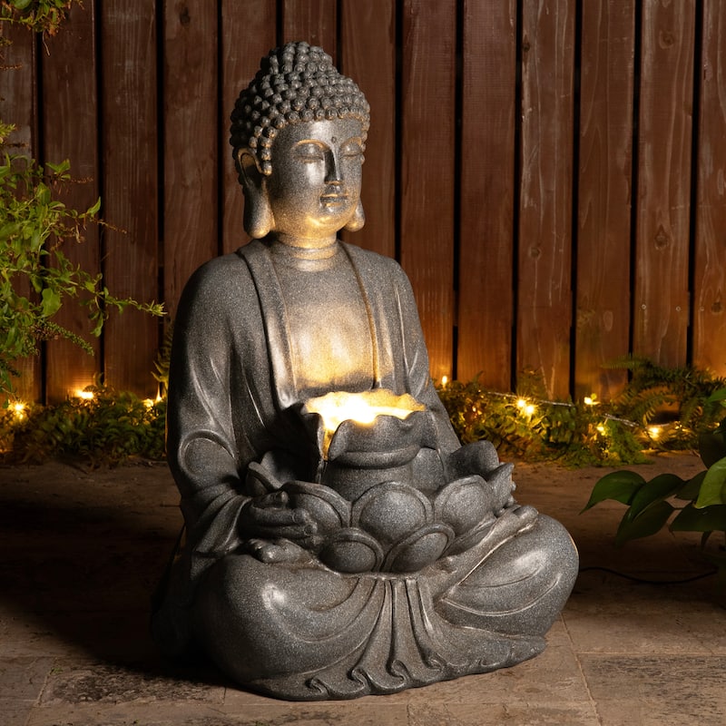 Glitzhome Polyresin Meditating Buddha Frog/Elephant Statue Outdoor Water Fountain with LED Lights