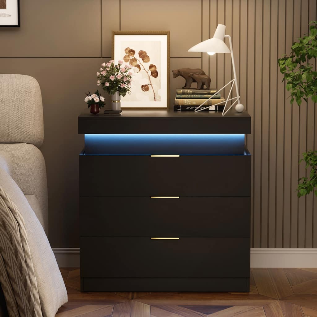 Modern Nightstand with LED Lights and Charging Station for Convenient Bedroom Use