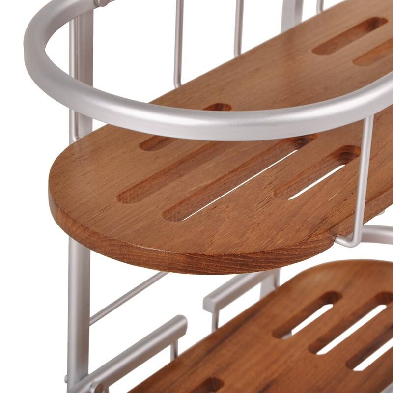 Utopia Alley Tia Rustproof Teak Overhead Shower Caddy with 2 Shelves, Hanging Shower Head Organizer, Chrome & Matte Black Finish