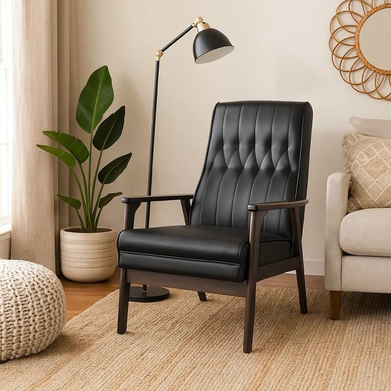 Accent Armchair, Tufted Matte Black Faux Leather, Brown Wood Frame