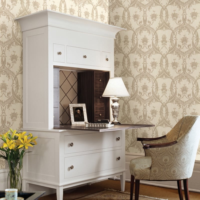 Brewster Vignole Beige Damask Wallpaper - 20.5in x 396in x 0.025in