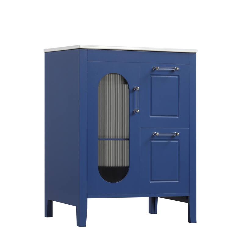 24" Black Bathroom Vanity with Sink - Solid Wood & MDF, Moru Glass Door, 2 Drawers, Adjustable Shelf