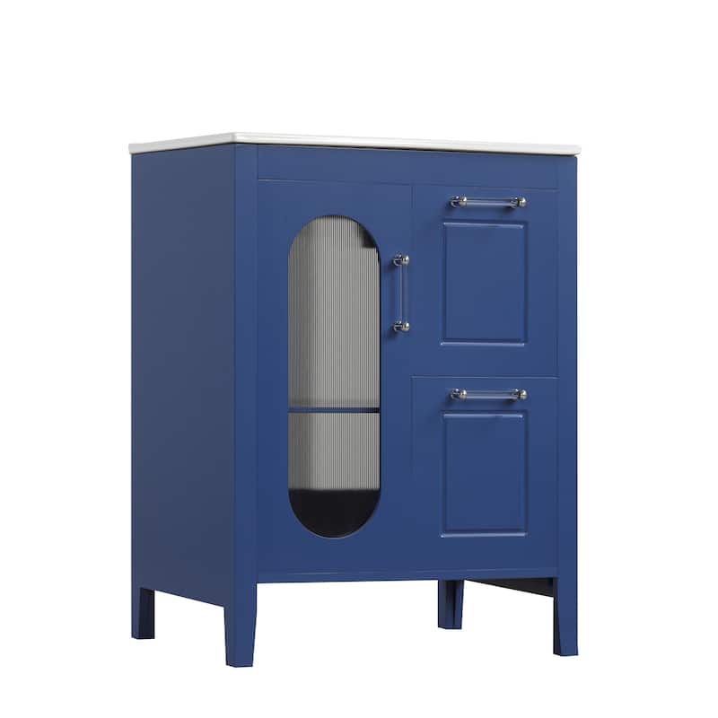 GDFStudio - Emma 24-Inch Bathroom Vanity with Ceramic Sink, Moru Glass Door and Adjustable Storage