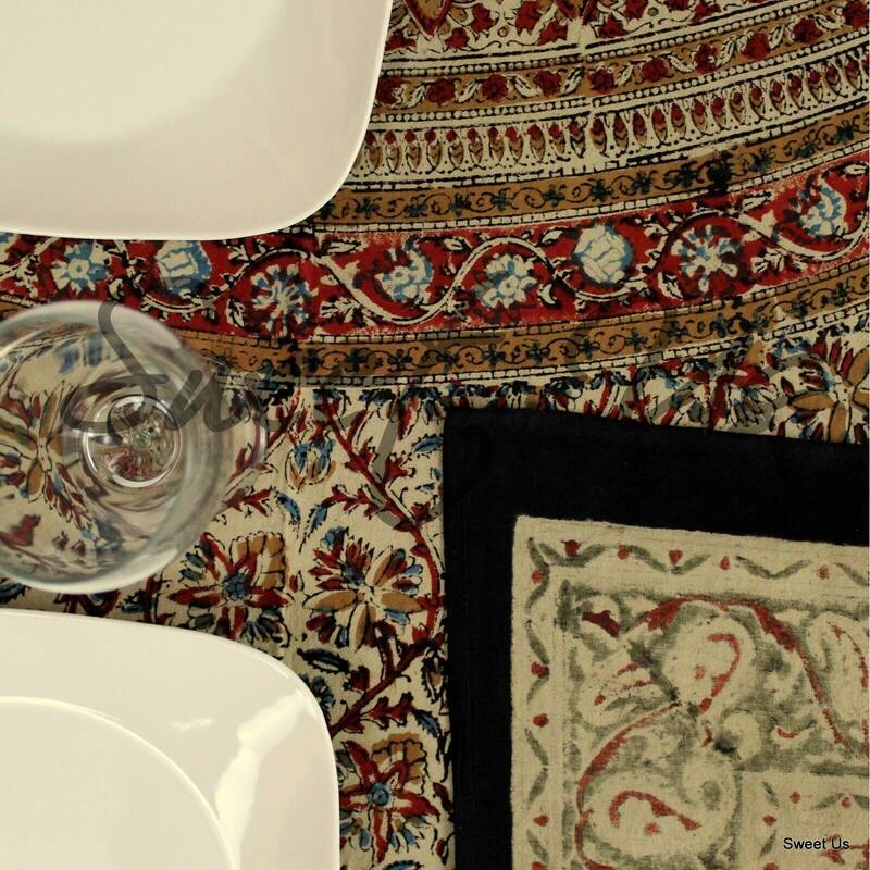 Kalamkari Cotton Block Print Floral Bloom Paisley Tablecloth Rectangle