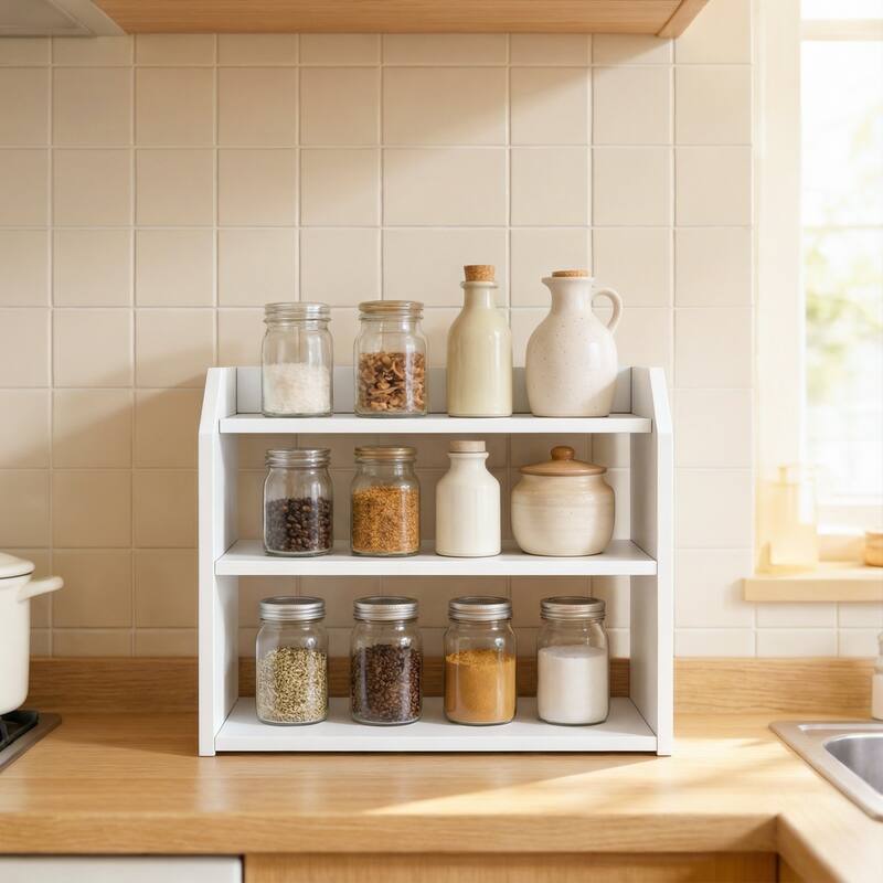 Gymax 3-Tier Desktop Bookshelf w/Raised Top Guardrails Space-Saving