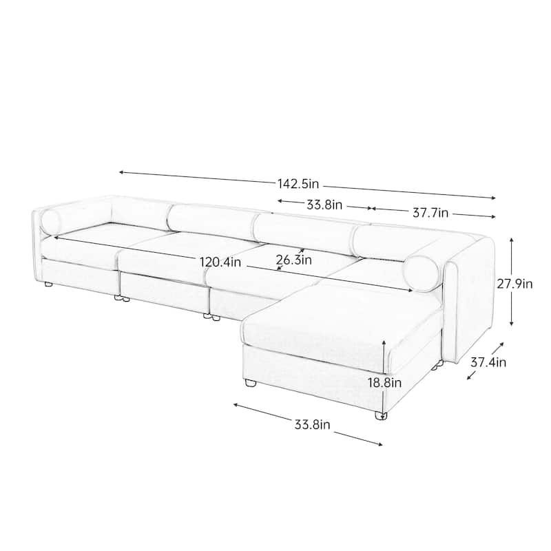142.5" Chenille L-Shaped Sectional Sofa with Storage & Round Back