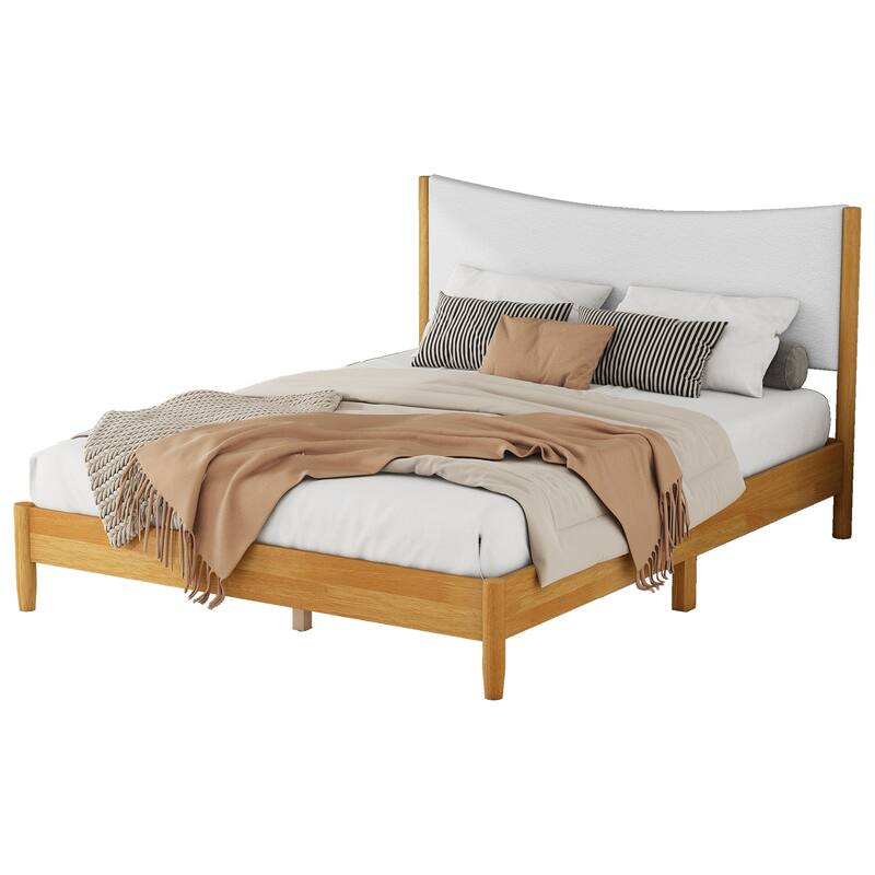Queen Size Rubber Wooden,Solid Wooden Bed with Teddy Velvet Cushion Upholstered Headboard,Enhanced by Support Feet