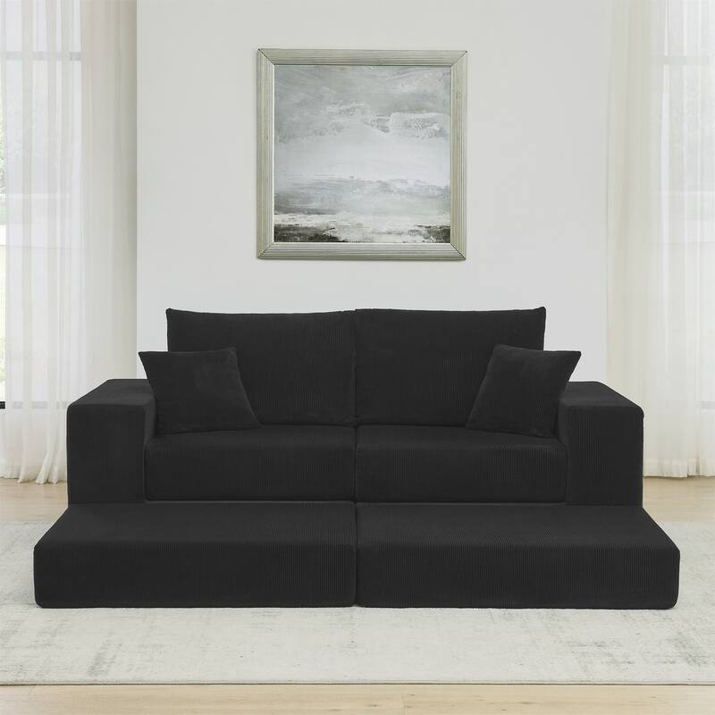 Modular Cloud Sectional Couch, Modern Upholstered L-Shaped Sofa with Removable Ottoman - Black