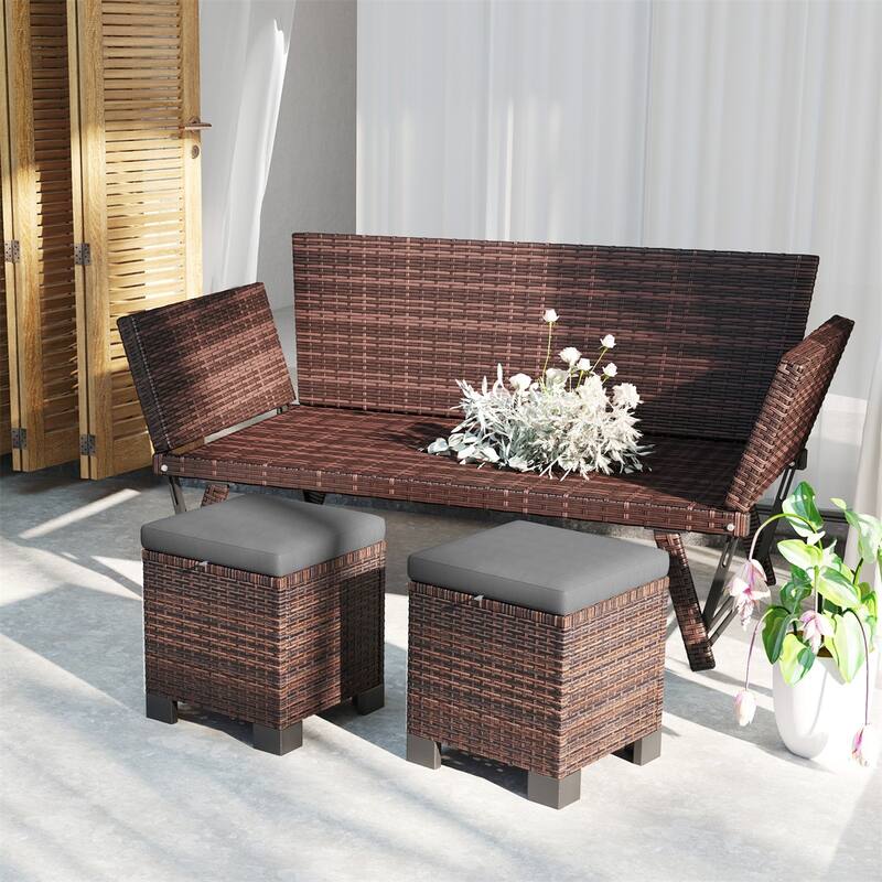 Set of 2 Outdoor Ottomans Wicker with Cushions Steel Frame for Patio Balcony Yard - 15.7" W x 15.7" D x 18.1" H
