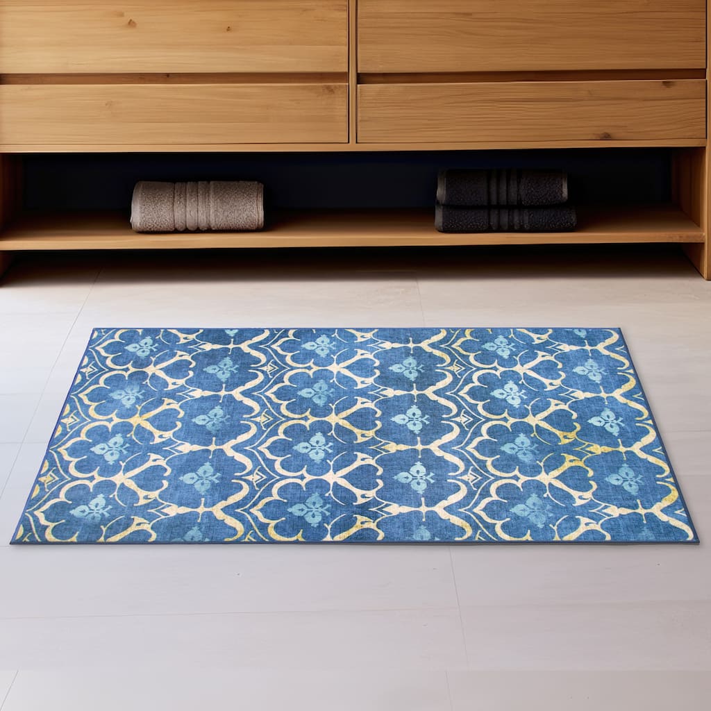 My Magic Carpet Machine Washable Area Rug Leilani Damask Blue