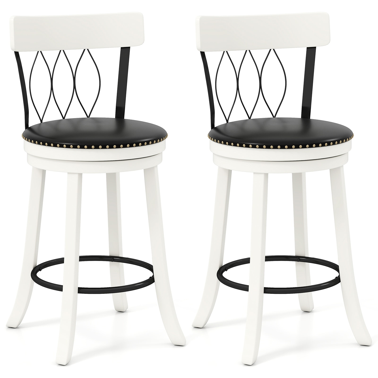 Gymax 26'' Set of 2 Bar Stools w/ Footrest Rubber Wood Frame & Tufted