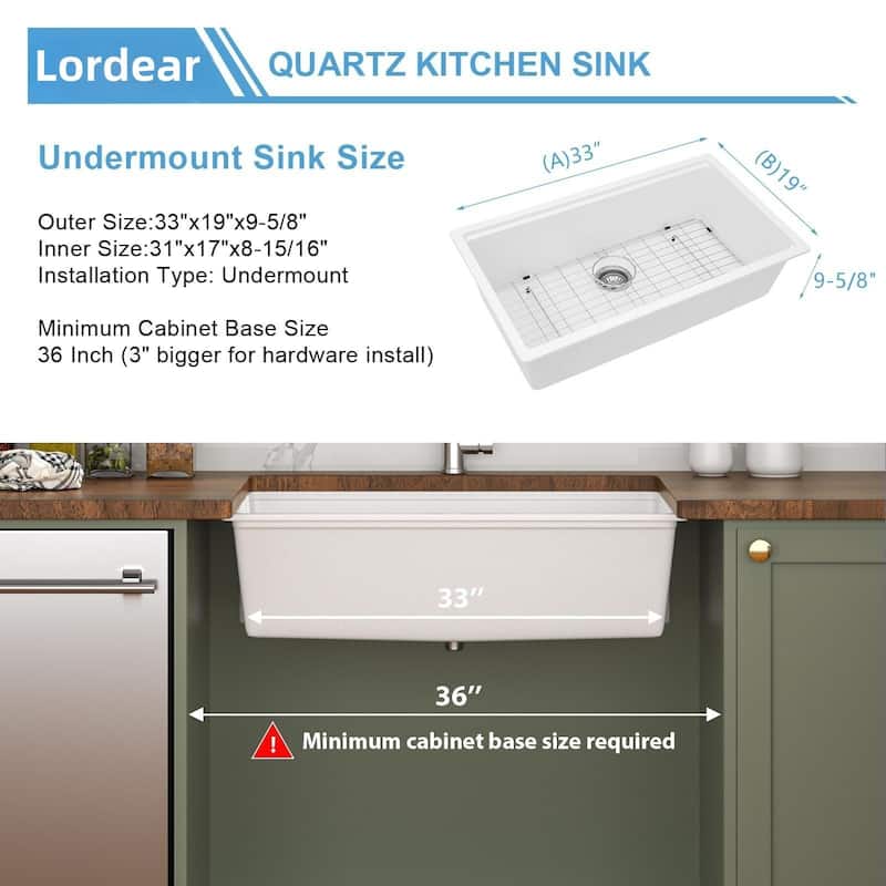 Lordear 33" Kitchen Sink Quartz Composite Undermount Workstation Single Bowl with Accessories