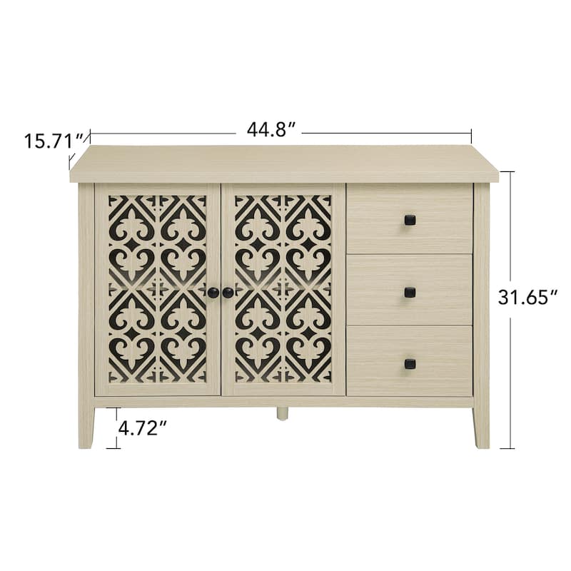 Roomfitters Hollow Carved Sideboard Buffet Cabinet with 2 Doors and 3 Drawers, Natural