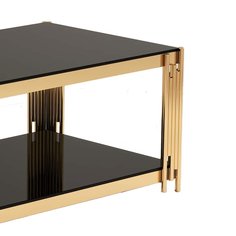 47"Rectangular Gold Glass Double-Layer Coffee Table, Black Tempered Glass Tabletop, Gold Stainless Steel Metal Legs