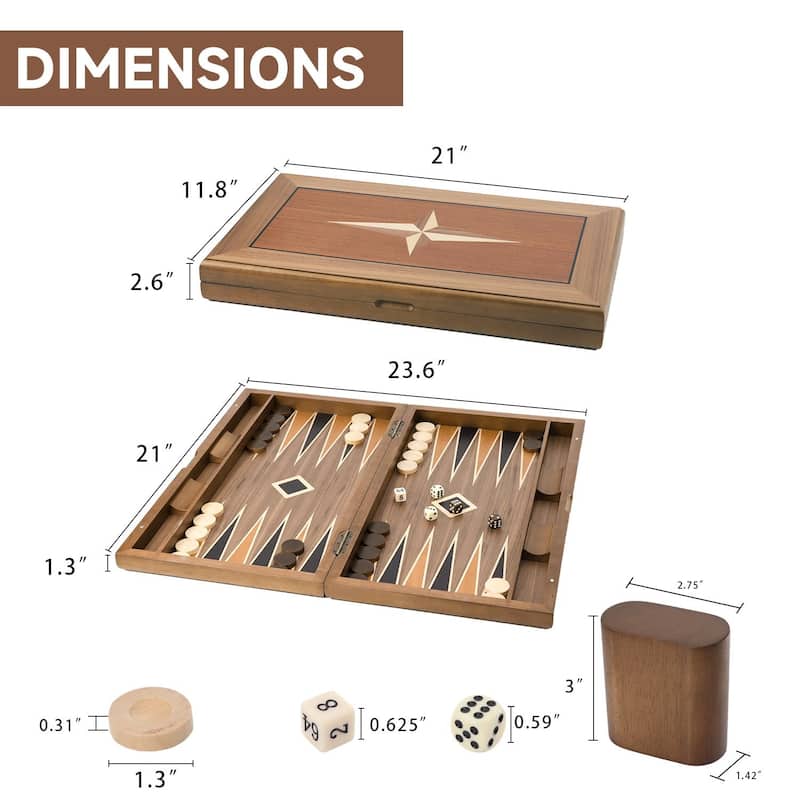 GSE™ 21" Premium Wooden Inlay Backgammon Board Game Set, Portable Folding Backgammon Board Game with Game Pieces - 21-Inch