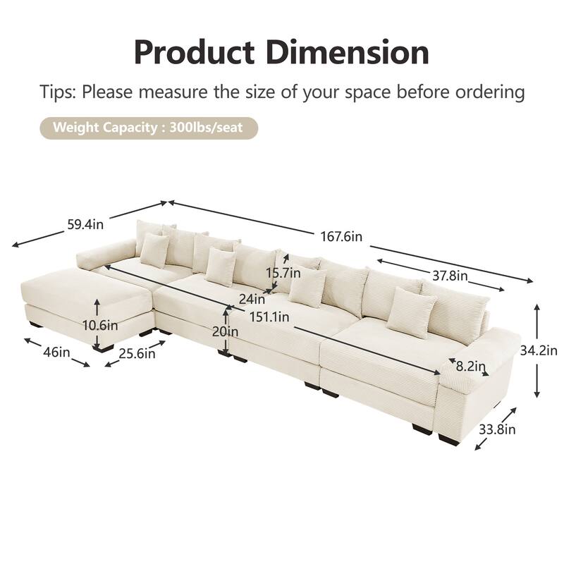 GDFStudio - Corduroy L-Shaped 4-Seater 167.6" Cloud Modular Sectional Couch with Ottoman