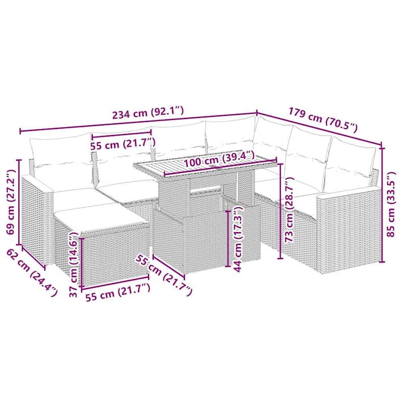vidaXL Patio Sofa Set with Cushions Outdoor Furniture 8 Piece Poly Rattan - 21.7 x 39.4 x 28.7