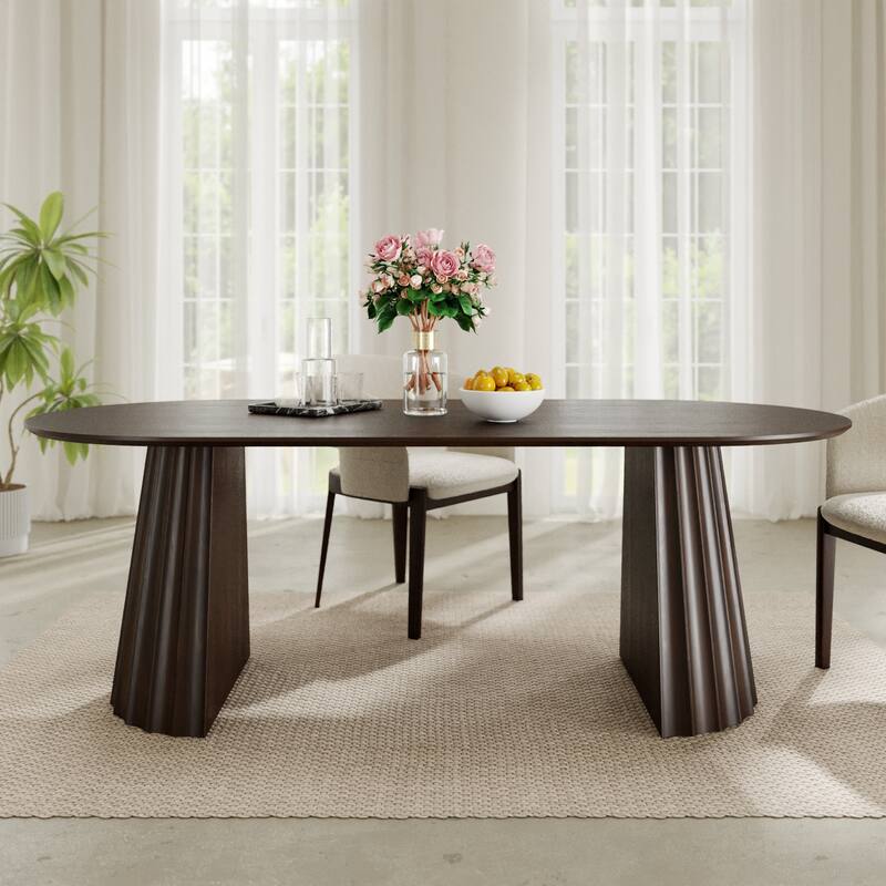 Modern Oval Wooden Dining Table - 79" Large Size, Sturdy Fluted Base, Natural Oak Finish for Dining Room - Walnut